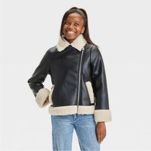 Black Faux Leather Jacket with Cream Sherpa Lining